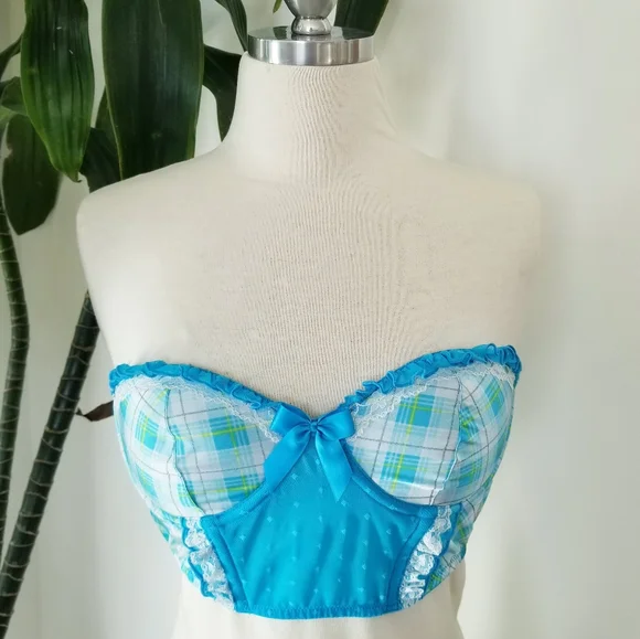 Victoria's Secret Vintage Sexy Little Things Blue Plaid Ruffle Bustier Bra NWT - Picture 3 of 16